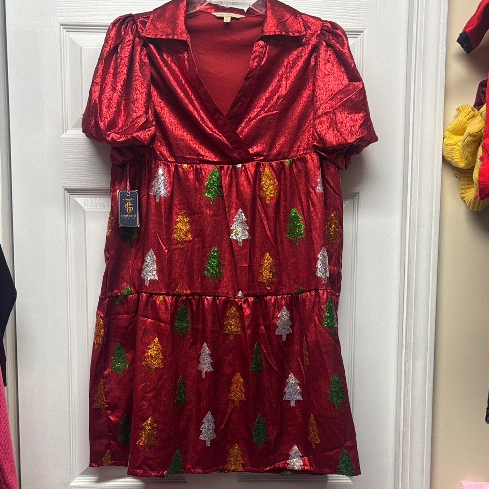 Simply Southern Shimmer Red Tiered Dress Sequined Christmas tree Pattern M New